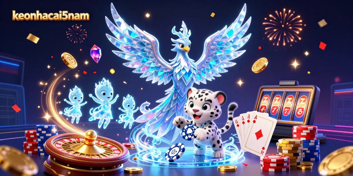 Experience keonhacai5nam with an epic scene showcasing an ice phoenix and lucky poker elements.