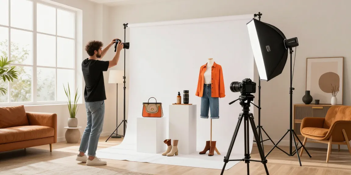 Fotografo ecommerce Milano en pleine séance photo avec des produits mode sur fond blanc.