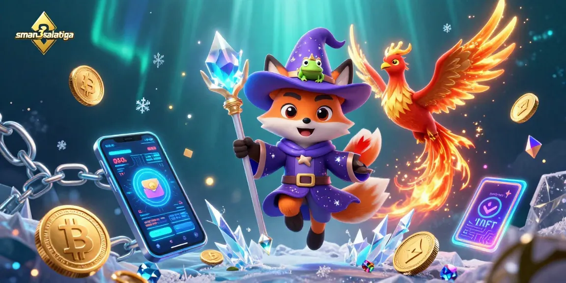 Sman3salatiga menghadirkan aksi perjudian dengan karakter wizard, phoenix, dan koin crypto dalam ilustrasi 3D yang memukau.