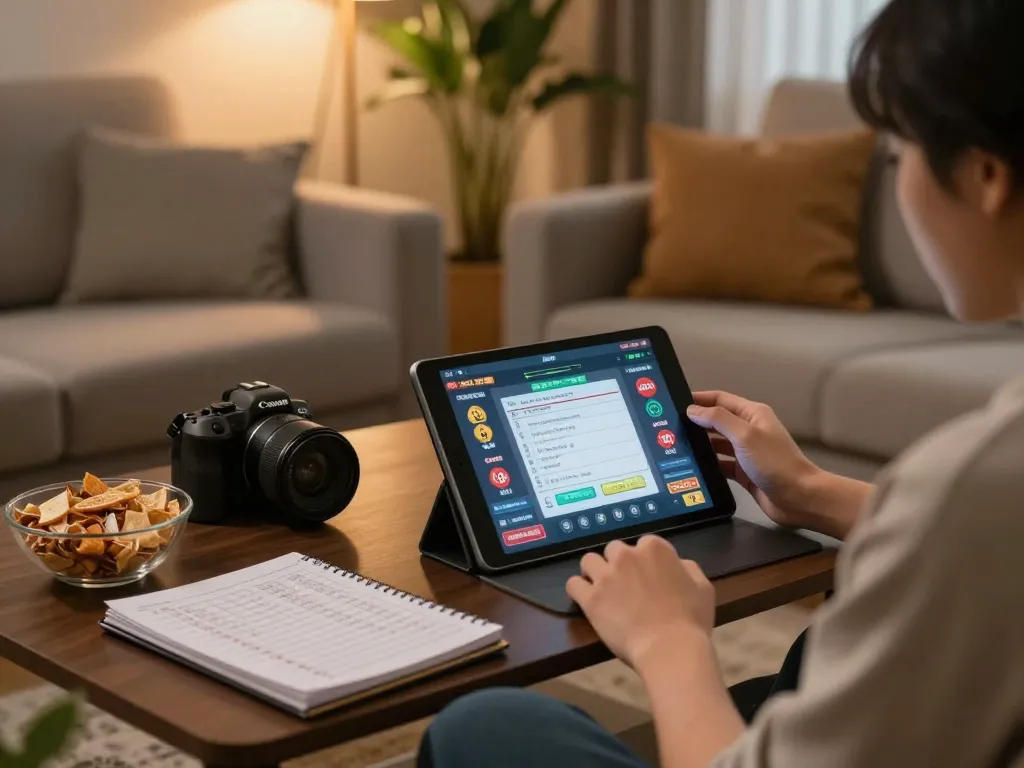 Engaging in online togel 4D gameplay on a tablet in a cozy home setting while reviewing betting strategies