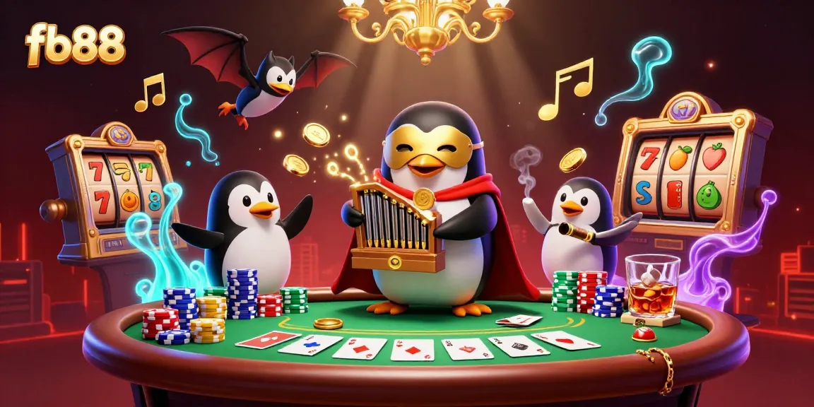 Experience the thrill of fb88 casino with a lively scene of a penguin playing organ, surrounded by poker elements.