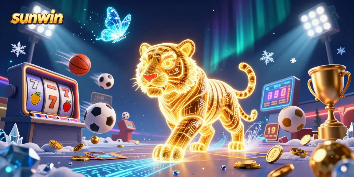 Engage with sunwin's vibrant casino experience, featuring a neon tiger and dynamic gaming elements.