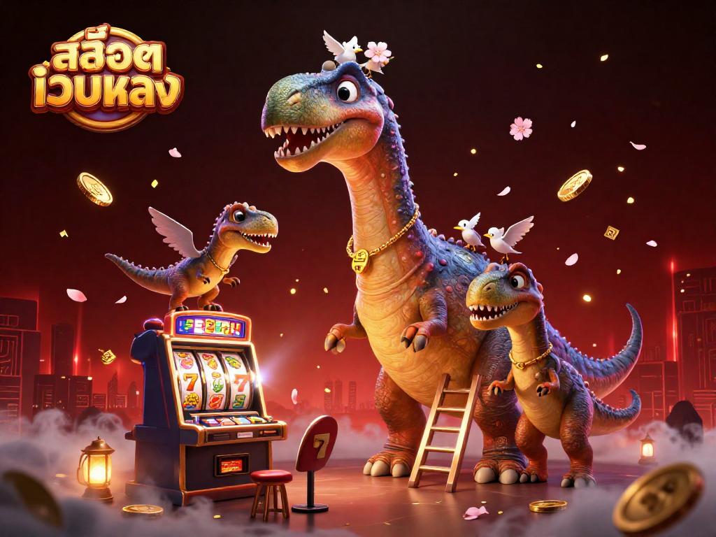 Spin the slots with สล็อตเว็บตรง as a brontosaurus overlooks a colorful casino scene filled with vibrant elements.