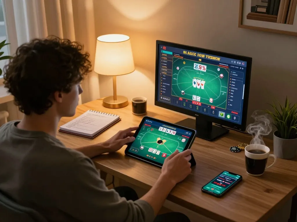 Engaged player using thabet to strategize online poker in a cozy home environment.