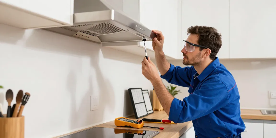 Range Hood Repair technician fixing a hood in a modern kitchen