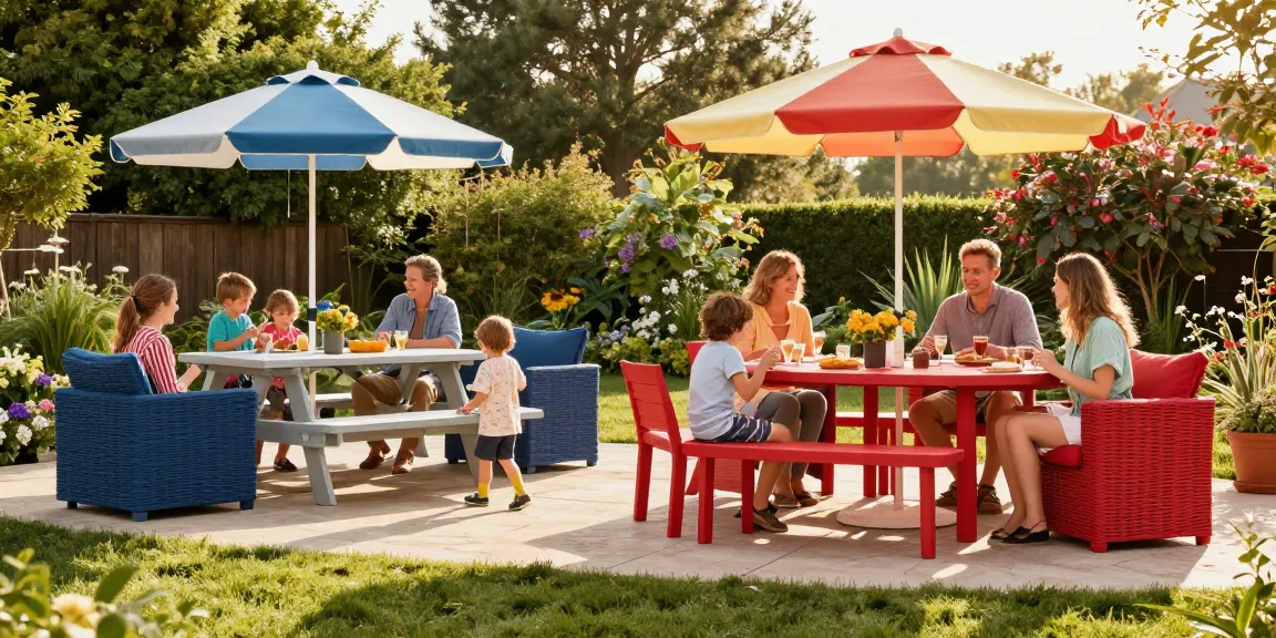 Experience a patio furniture sale with stylish dining sets and umbrellas in a vibrant outdoor setting.