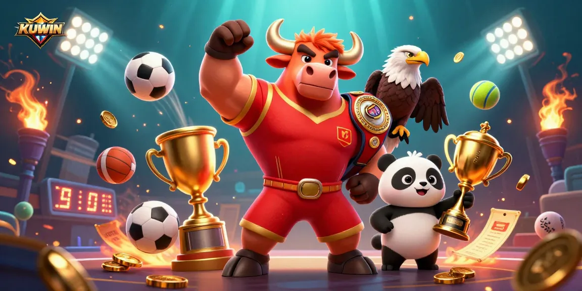KUWIN offers thrilling sports action with a dynamic bull mascot, eagle champion, and panda trophy holders in an engaging casino scene.