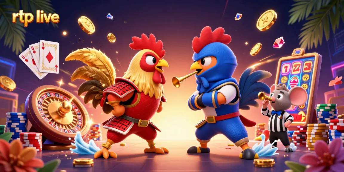 Mengalami keseruan RTP live dengan dua ayam kartun bertarung dan elemen kasino bergerak dinamis, seperti koin dan kartu