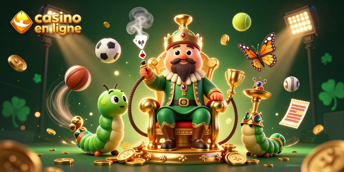 Visualisez le casino en ligne avec un maître chicha cartoon, des ballons de sport, et des éléments de jeu en 3D.