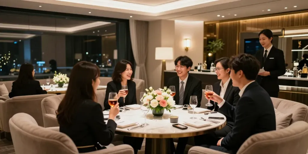 강남구구단 쩜오의 고급스러운 독립 룸에서 즐거운 모임을 갖는 모습