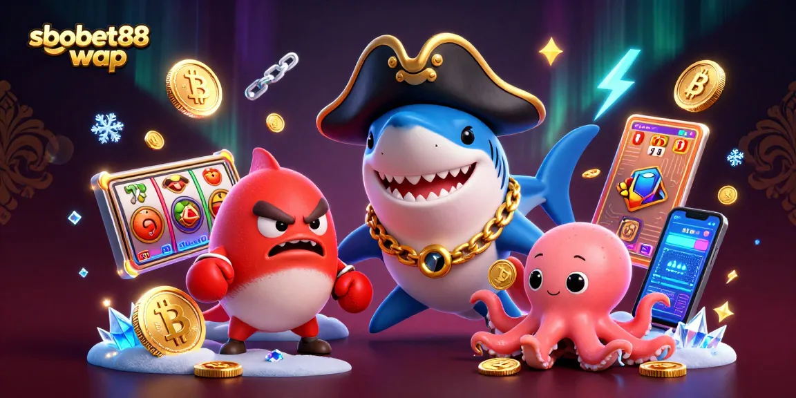 Experience sbobet88 wap with a vibrant casino scene featuring a cartoon pirate shark and winning symbols.