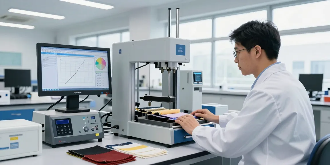 Technician using leather tensile strength tester with precise measurements in a modern lab.