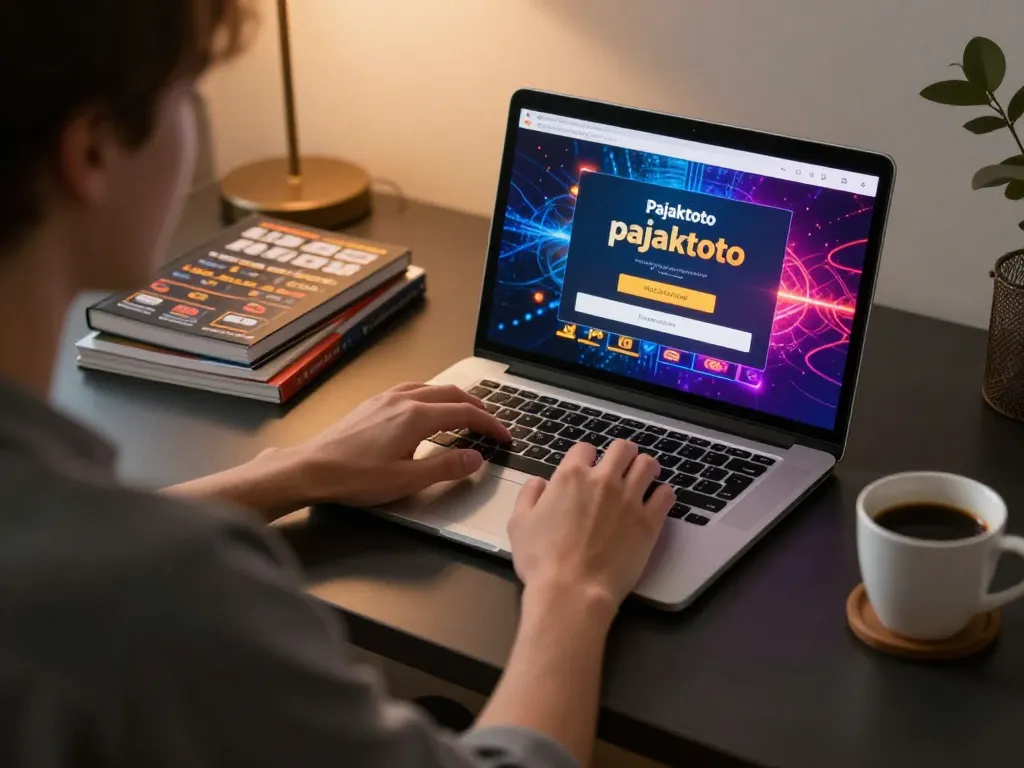 Engaging with pajaktoto login on a laptop in a cozy home office, highlighting responsible online gaming.