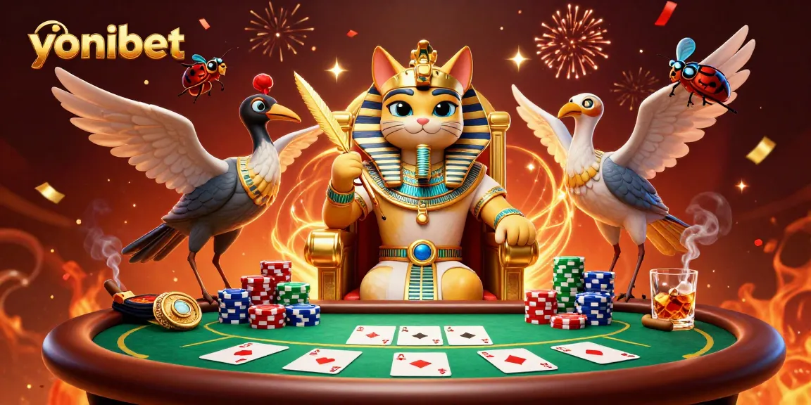Join the pharaoh cat at yonibet for an exciting poker game surrounded by vibrant casino elements.