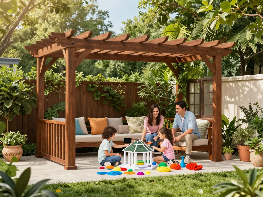 Interactive family designing a garden structure using Pergola Sales Software in their outdoor space.