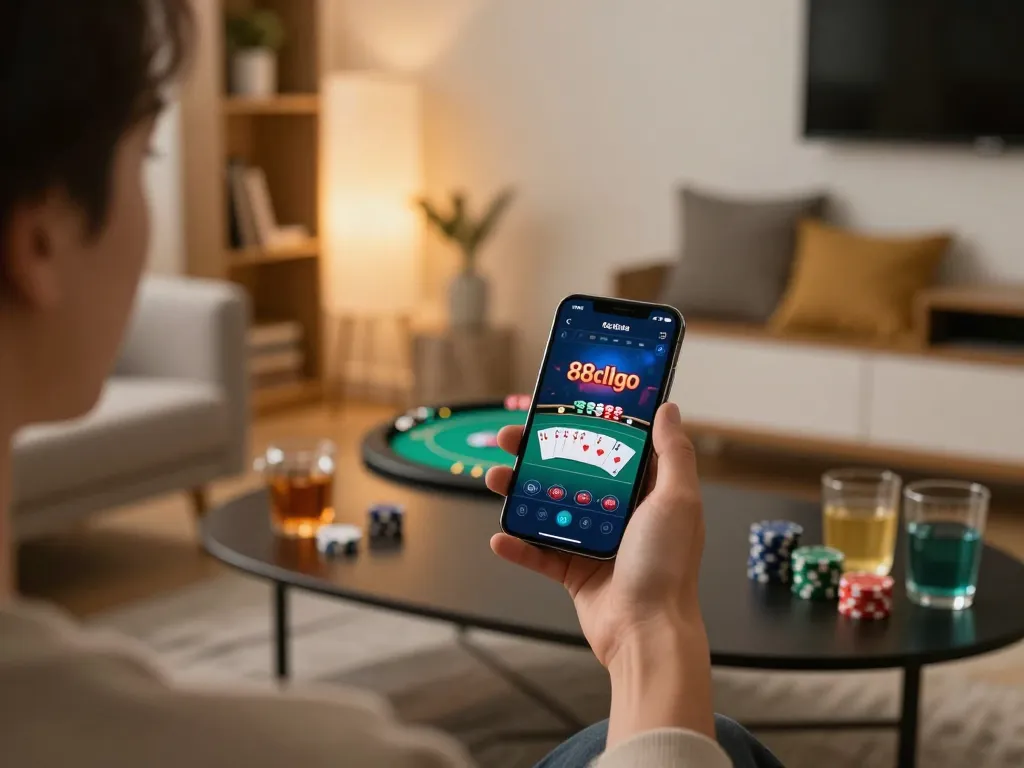 Engaging in online gaming with 88clbgo app on smartphone at home, showcasing dynamic gameplay