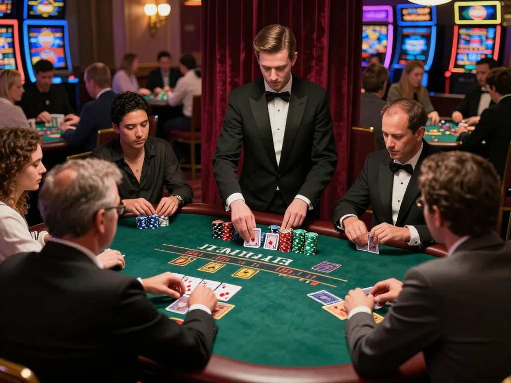 Players engage in an intense game of blackjack, showcasing strategy and excitement at the table in our 789 casino.