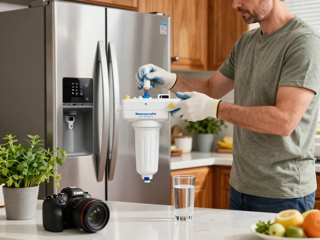 Replacing the Waterspecialist Replacement for GE® RPWFE® water filter in a modern kitchen, showcasing freshness and cleanliness.