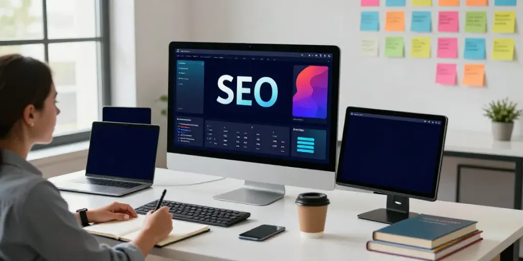 Content strategist analyzing AI generated SEO FAQ content in a vibrant digital workspace.