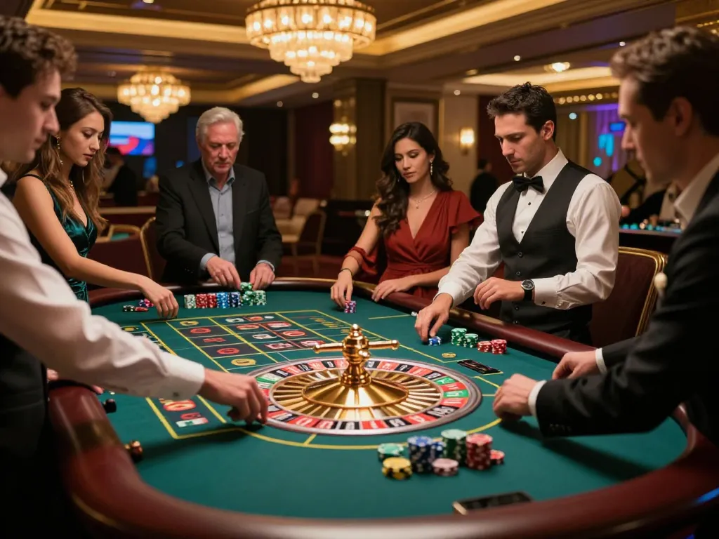 Players enjoy a thrilling roulette game at an upscale casino, highlighting the excitement of betting at 8xbet.