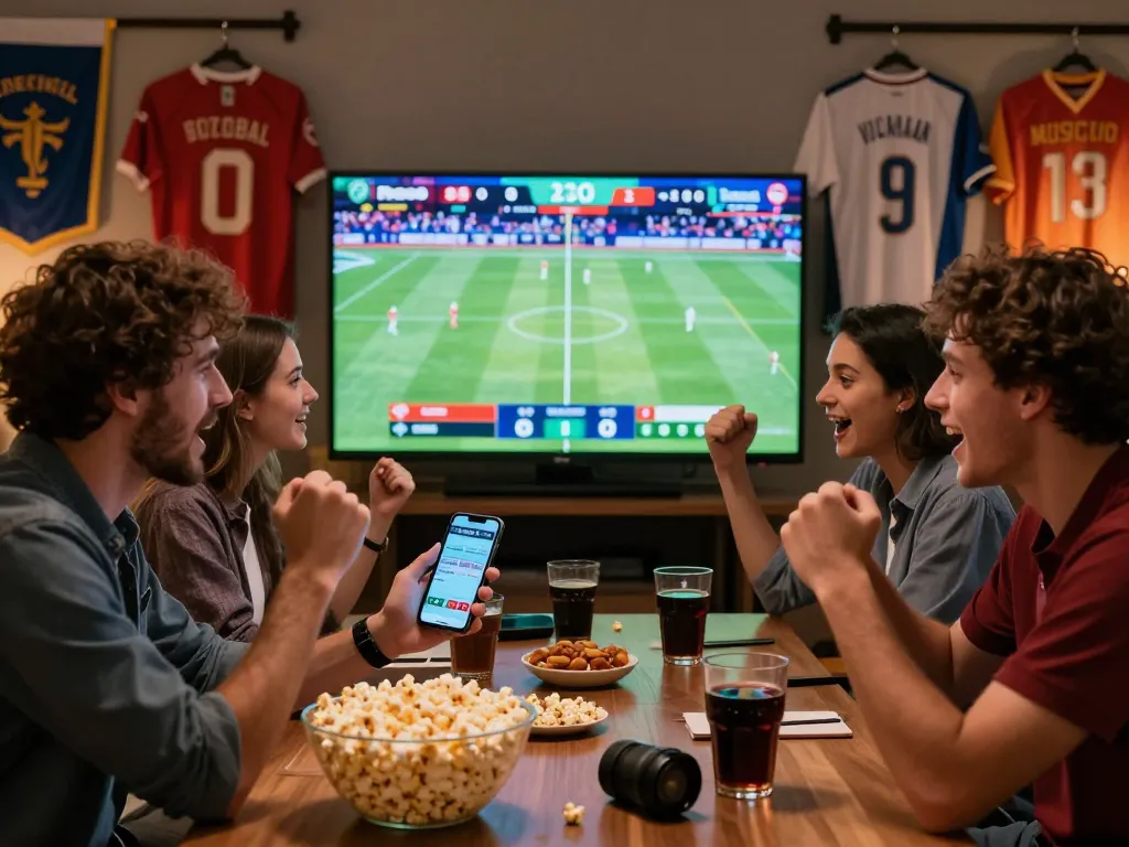 Friends engaging with kèo nhà cái while watching live football match, creating a lively sports betting atmosphere.