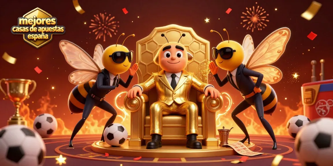 Apuesta deportiva en "mejores casas de apuestas españa": abeja jefaza en un trono rodeada de elementos deportivos y billetes de apuestas.