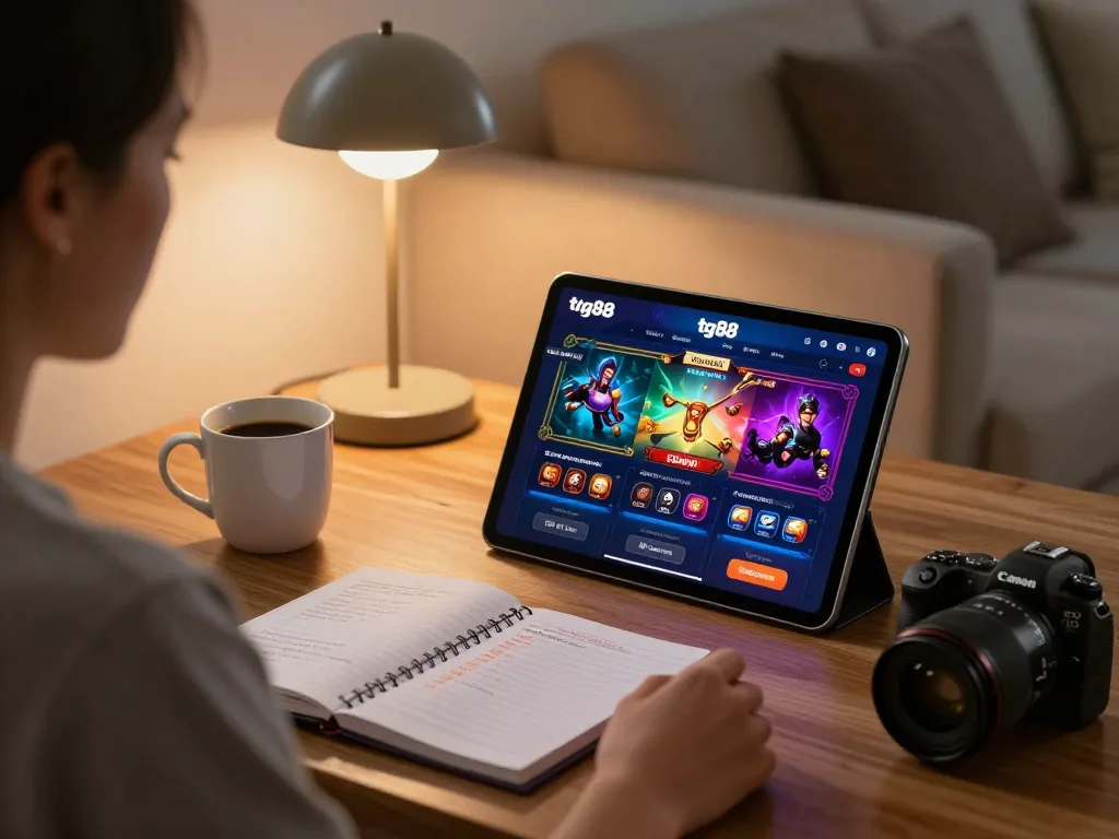 Explore tg88's exciting casino app on a modern tablet setup for strategic online gaming at home.