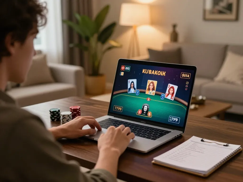 Engaging in online poker at abc8go, showcasing strategy notes and game focus in a cozy setup.