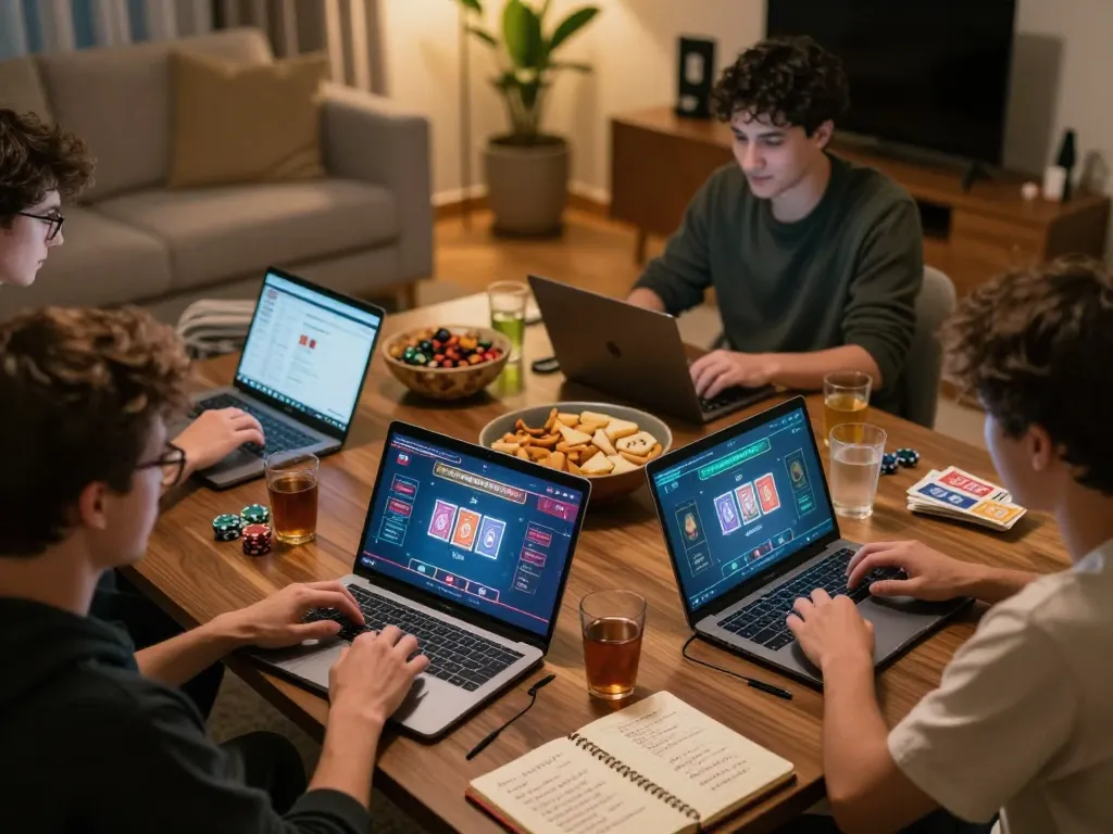 Players enjoying online poker on laptops in a cozy living room setup, illustrating 789club gaming excitement.