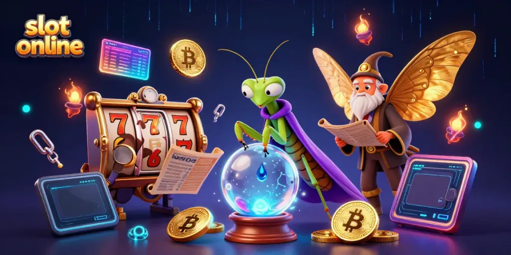Experience the thrill of slot online gaming with vibrant characters and elements in a mystical setting.