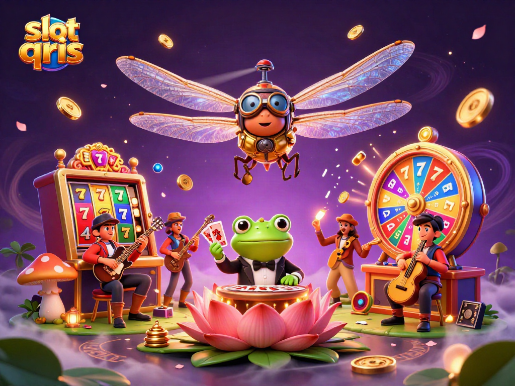 Engage with slot qris excitement as the dragonfly pilot hovers over a lily pad casino, surrounded by vibrant slot reels.