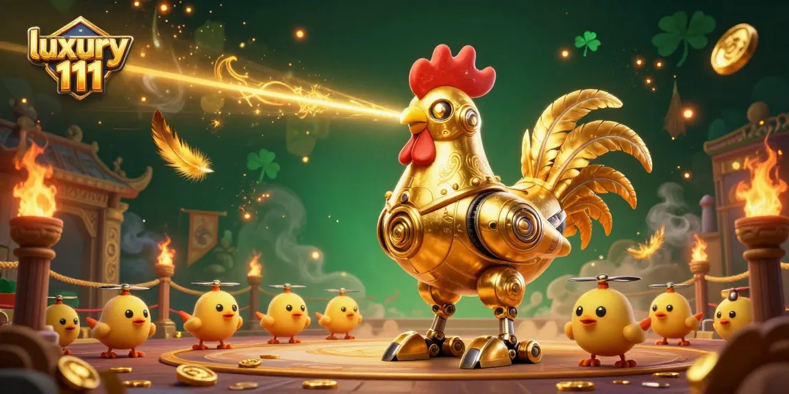 Experience luxury 111 with golden rooster robots and vibrant casino elements engaging in thrilling gameplay.