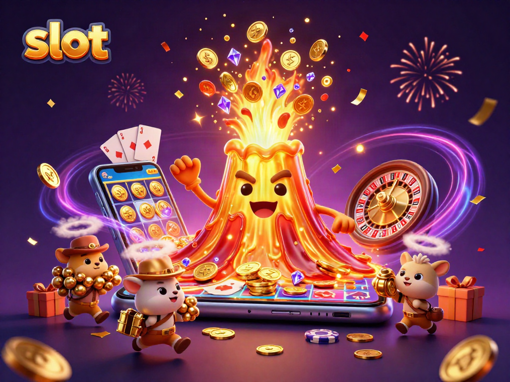 Spin the slot with fortune-filled volcano and treasures in this vibrant 3D casino scene.