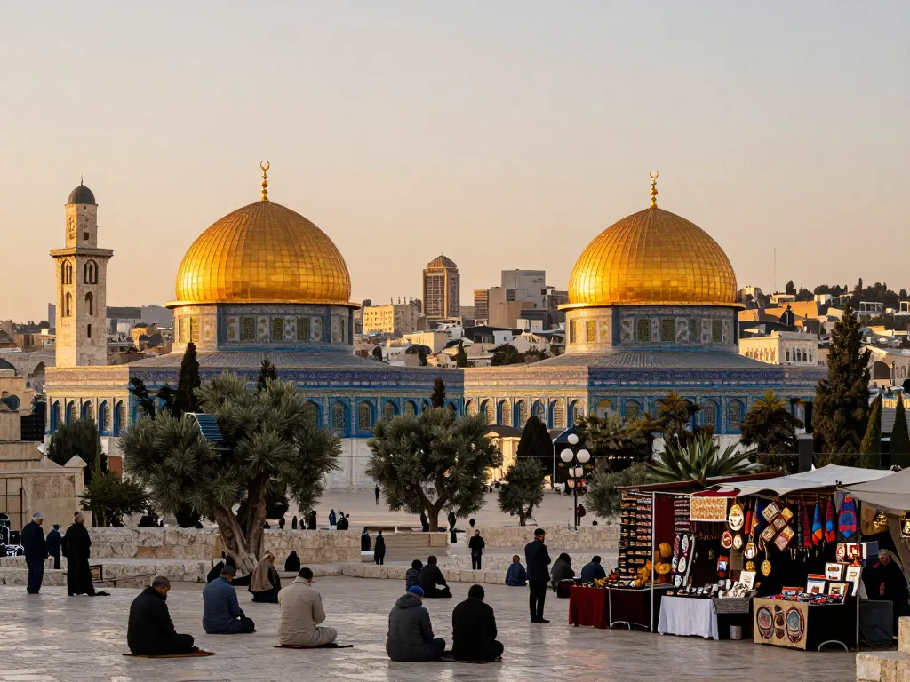 Visitors gathering at Jerusalem’s Holy Site, the Temple Mount, during sunset with Dome of the Rock in view.