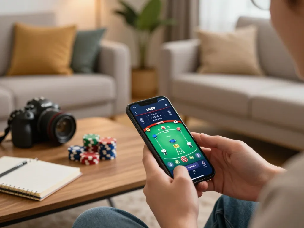Player strategizing with nk88 app on smartphone in cozy living room for online gaming