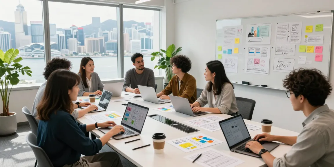 Dynamic team working on a UX design project in Hong Kong, collaborating in a modern studio.