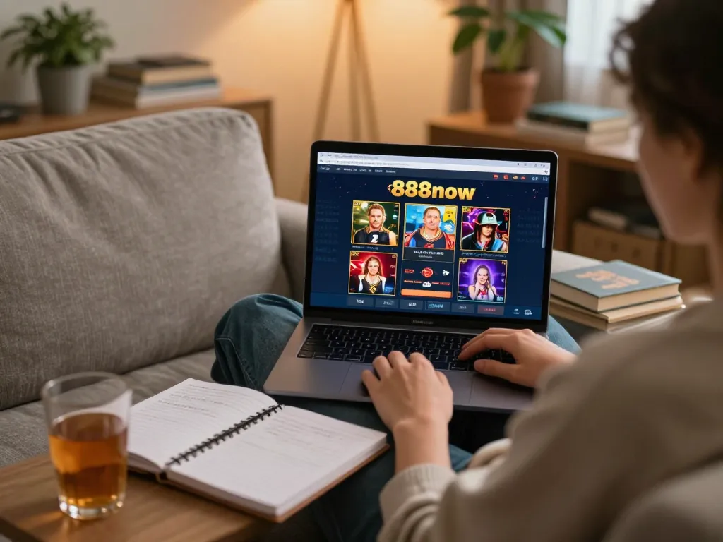 Player enjoying 888now's online gaming, showcasing home comfort and strategic gameplay