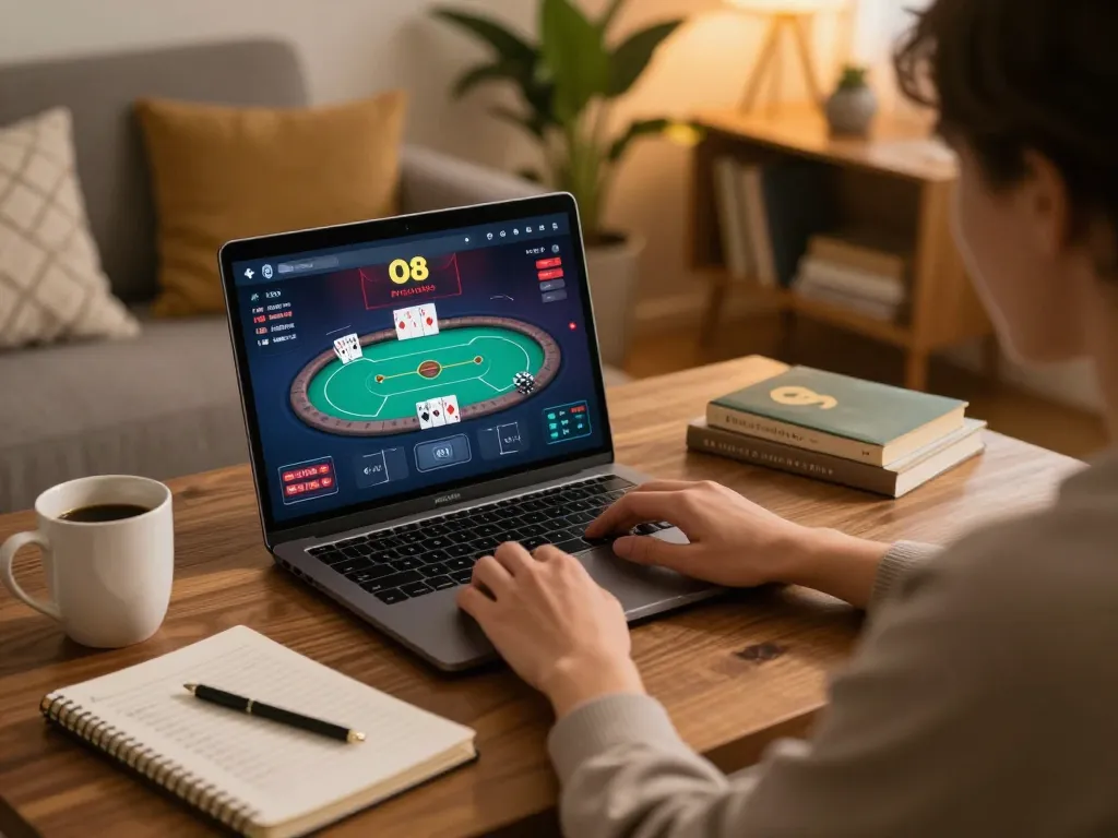 Engaging user enjoying online poker gameplay at home with O8 platform interface