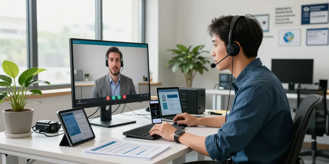 Telus-Technical-Support technician assisting a client remotely in a modern office setting with various tech devices.
