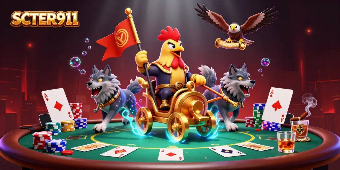 Engage with SCATTER911's vibrant cartoon scene featuring a rooster warlord in a dynamic casino environment.