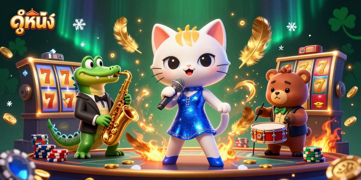 Enjoy ดูหนัง in a vibrant casino scene with a jazzy cat, a crocodile, and a bear cub, amidst spinning slot reels.