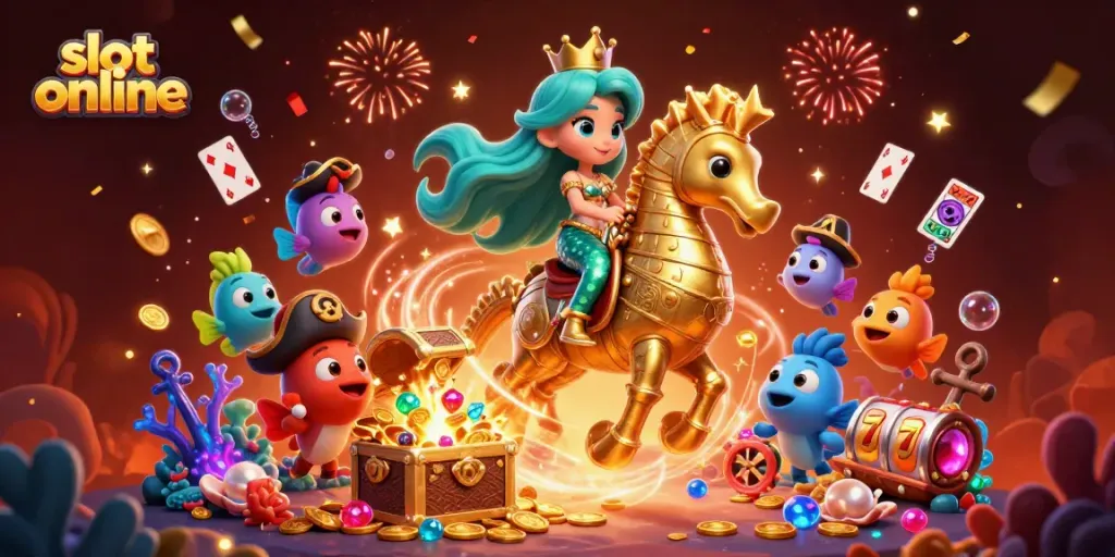 Experience the excitement of slot online with vibrant characters, treasure, and dynamic gaming elements.