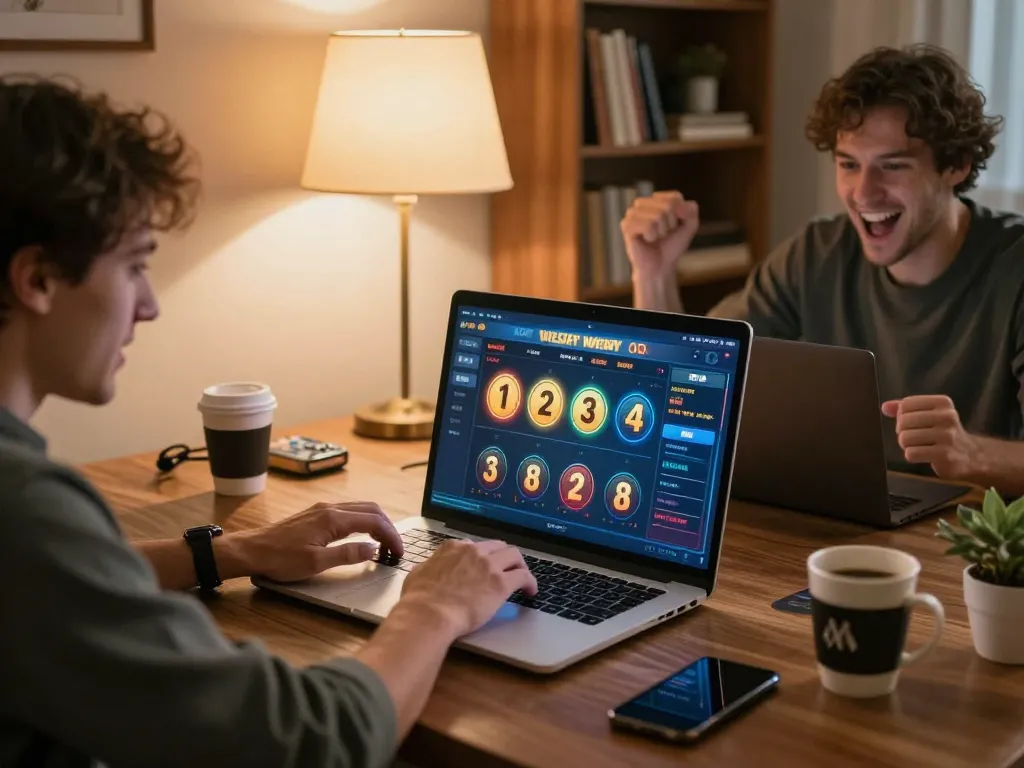 Engaged player celebrating a win at an online casino game on their laptop, emphasizing llwin experience.
