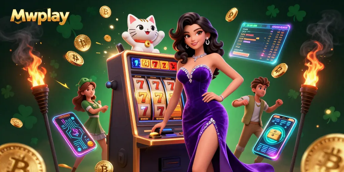 Play slots at Mwplay with a glamorous woman celebrating a jackpot beside a waving fortune cat, surrounded by crypto coins.