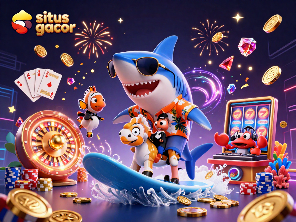 Situs gacor captivates with a festive scene of a hammer-head shark surfing coins, highlighted with casino elements.