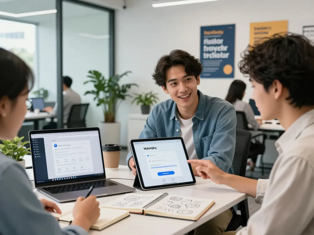 User navigating Myfairplay registration on a tablet in a modern fintech office environment, showcasing user experience and engagement.