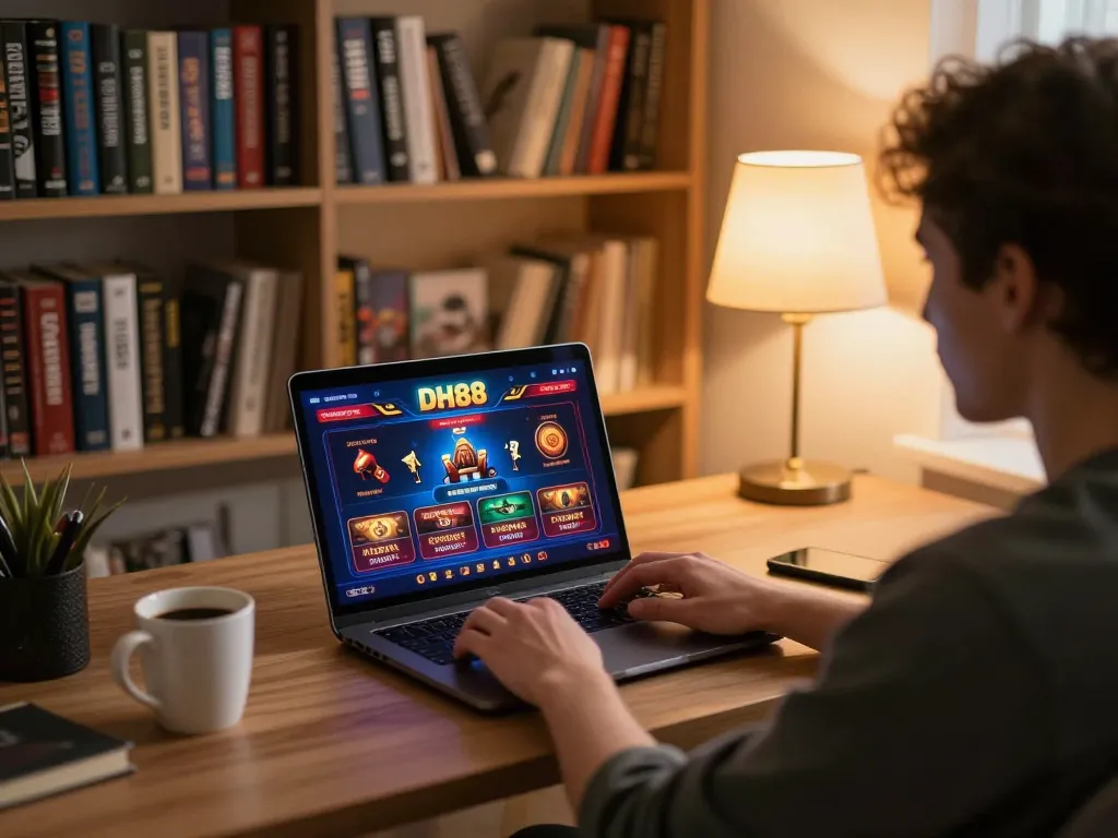 Player engaging with DH88 online casino interface, highlighting strategic gameplay in a cozy home environment.