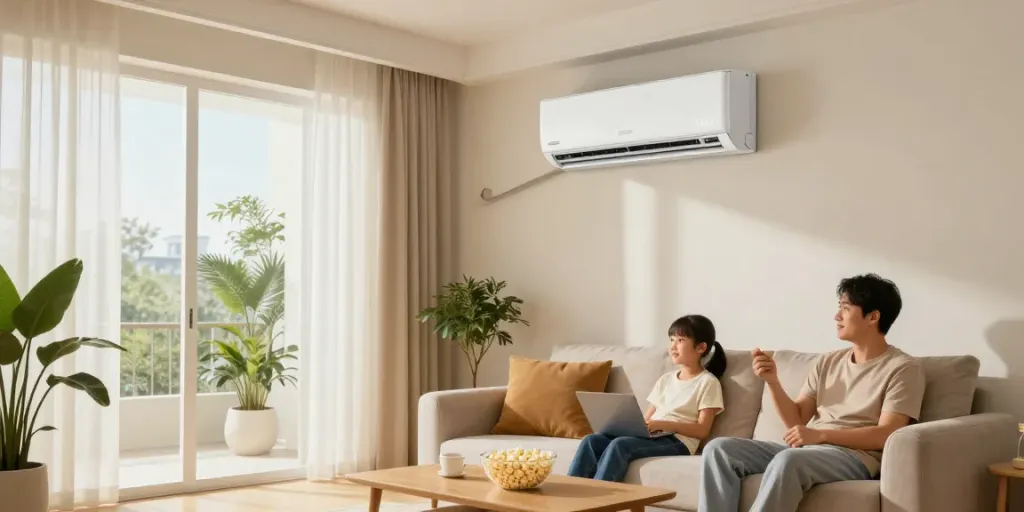 Cozy living room with mini split 12000 BTU air conditioner keeping family cool and comfortable.