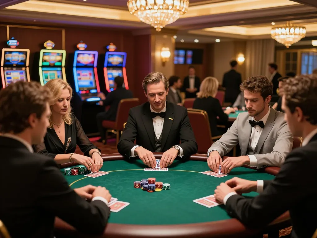 Players engaged in a thrilling game of poker showcasing slot gacor 777 strategies in a luxurious casino.