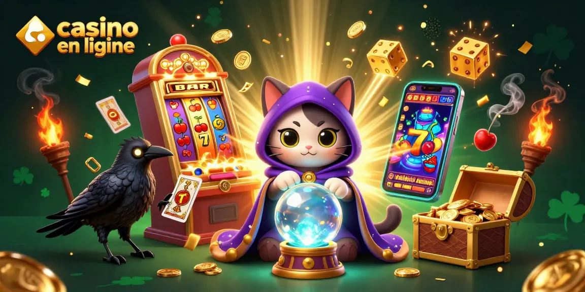 Vivez l'expérience du casino en ligne avec un chat mystique et un corbeau prédisant des gains.